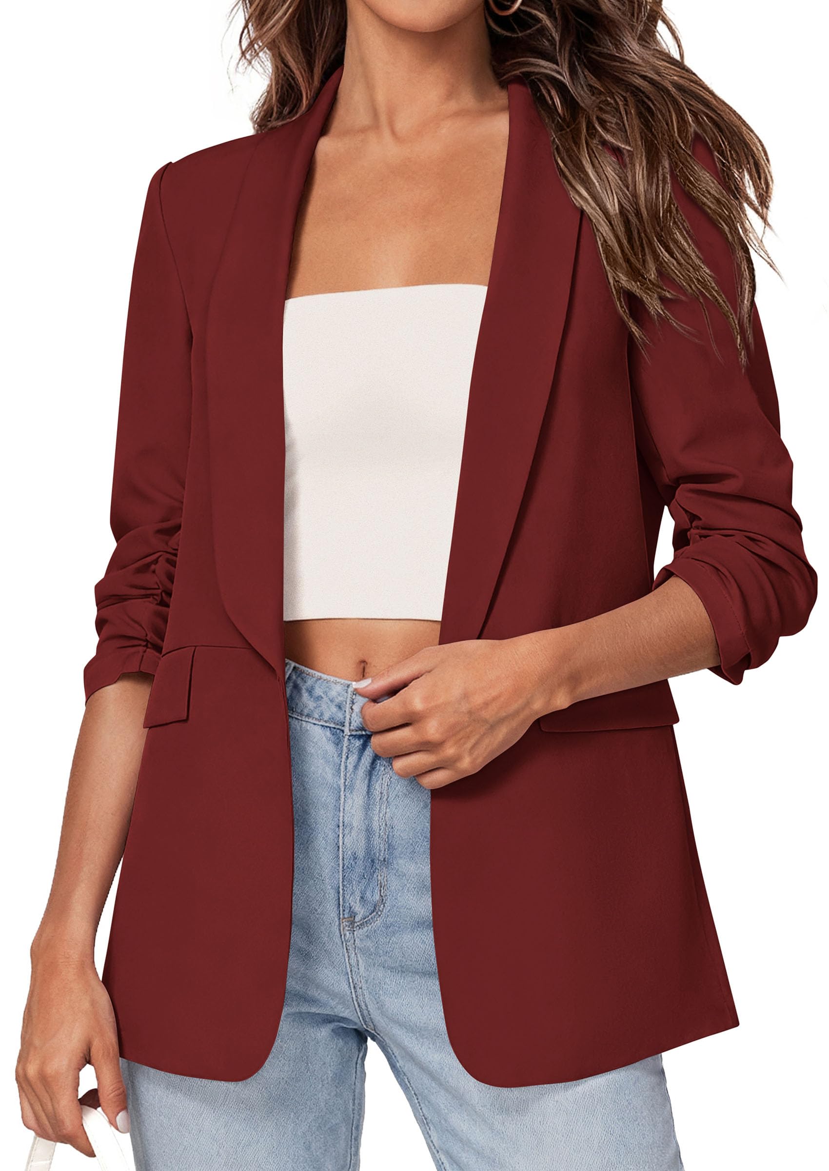 Photo 1 of PRETTYGARDEN Women's 2026 Spring Blazers Business Casual Outfits Open Front Ruched 3/4 Sleeve Lightweight Work Suits Jackets (Burgundy,Medium)