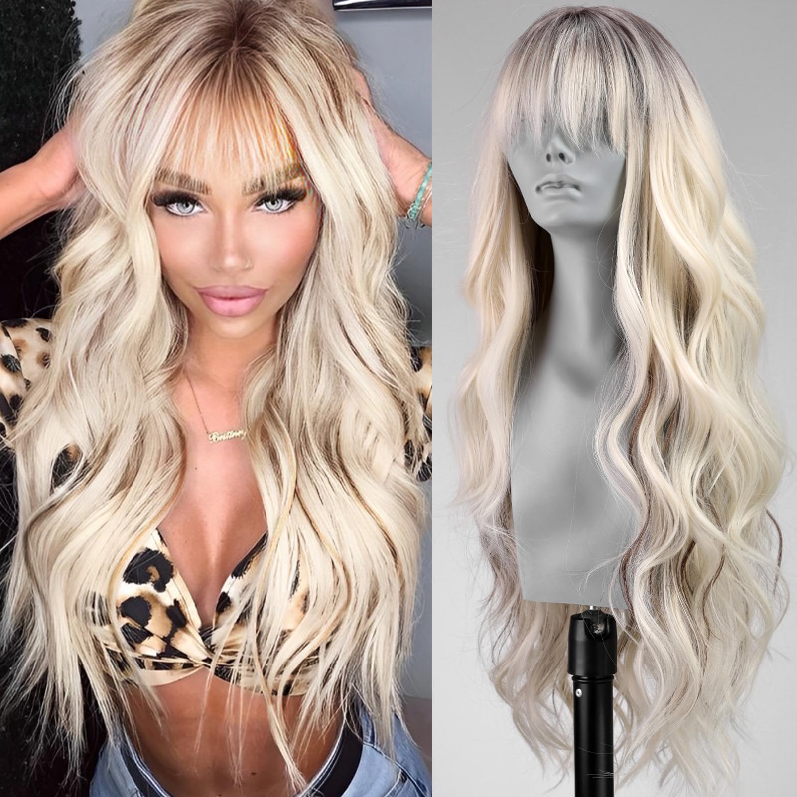 WOKESTAR Long Wavy Platinum Blonde with Dark Roots Wigs for Women, Heat Resistant Natural Hair with Fringe — image 1