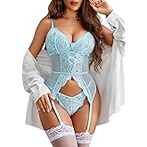 Avidlove Garter Lingerie for Women Floral Lace Babydoll Bodysuit Bra and Panty Set