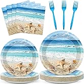 96pcs Beach Ocean Party Plates and Napkins, Summer Ocean Waves Birthday Decorations for Sea Themed Baby Shower Wedding Hawaiian Party Dessert Plates, Beach Seashell Tableware Decor, Serves 24