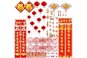 DUNCHATY 68PCS Chinese New Year Decorations 2025 - Lunar New Year Decor Red Paper-cuts Lanterns Dragon Red Envelopes Spring Festival Couplets Lucky Hanging Ornaments Window Stickers Chinese Knots Red Tassels
