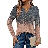 Dealmore Women's Boho Henley Shirts - Soft Stretch Long Sleeve Blouses, Casual Printed V-Neck Tunic Tops