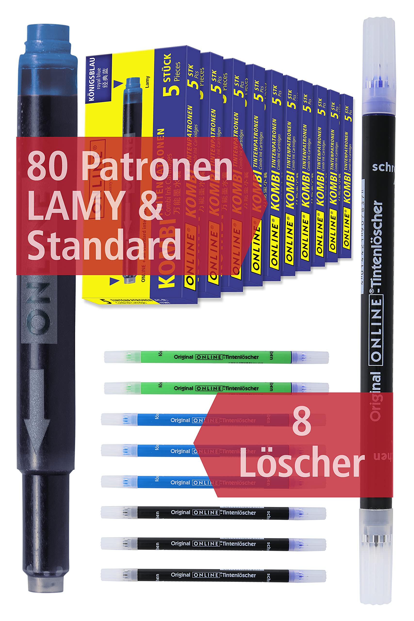 ONLINE 80 x Compatible Lamy Cartridges Blue & 8 x Ink Killers, Value Pack, for All Standard Fountain Pens, Erasable, Washable, Also for Ink Cartridge Rollerballs