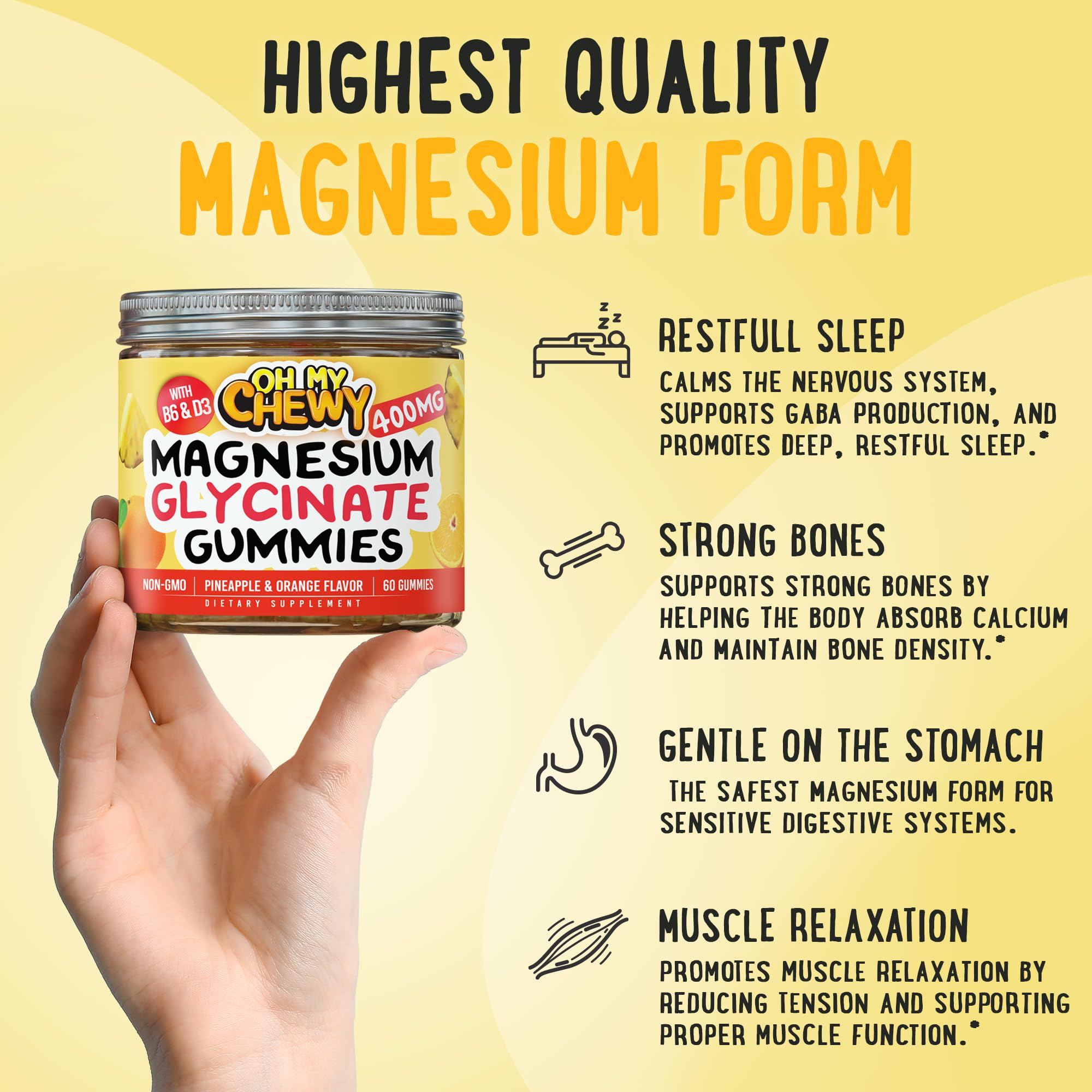Center-Filled Magnesium Glycinate Gummies 400MG - High Absorption for Kids, Teens & Adults - Supplement for Sleep, Calm & Muscle Relaxation with B6 & D3 - Gluten Free & Vegan Friendly - 120 Count