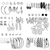 JMScape 37 Pairs Silver Hoop Earrings Set for Women Multipack Fashion Drop Dangle Earring Packs Pearl Studs Butterfly Earrings Hypoallergenic Chunky Hoops Jewelry for Valentine's Day Gifts