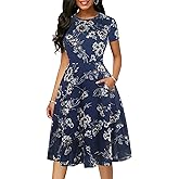 oxiuly Women Casual Dress Round Neck Soft Cotton Floral A-Line Midi Summer Dresses with Pockets OX262
