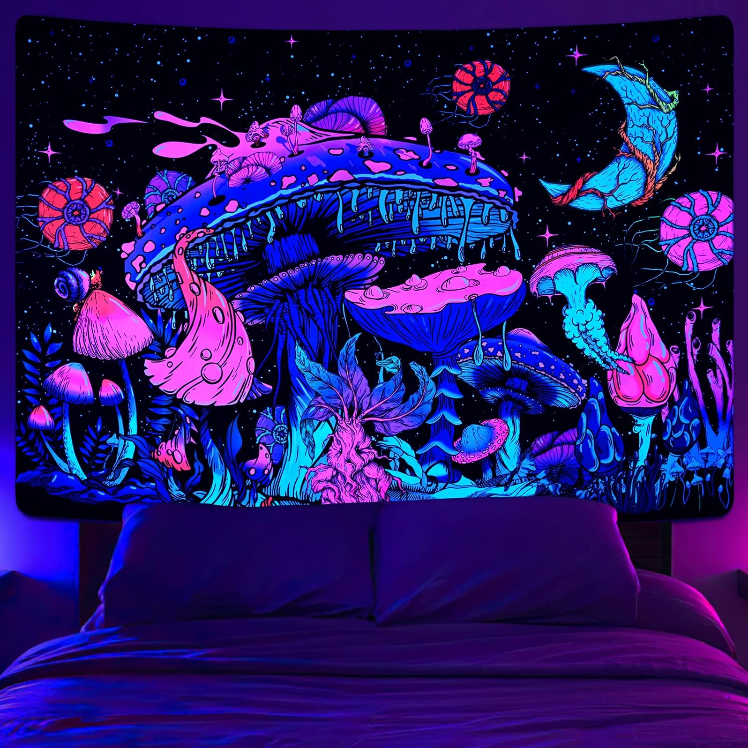 Tapestries - Uspring Blacklight Mushroom Tapestry UV Moon and Stars Tapestries Glow in the Dark Plants Tapestry Night Sky Aesthetic Tapestry Wall Hanging for Room (51.2 × 59.1 inches)