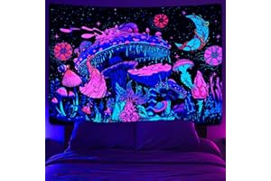 Uspring Blacklight Mushroom Tapestry UV Moon and Stars Tapestries Glow in the Dark Plants Tapestry Night Sky Aesthetic Tapestry Wall Hanging for Room (59.1 × 82.7 inches)