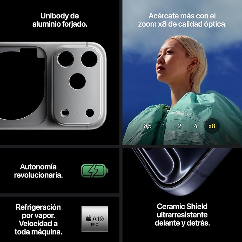 iPhone 17 Pro MAX de 256 GB: Pantalla de 6,9 Pulgadas con Promotion, Chip A19 Pro, autonomía revolucionaria, Sistema de cámaras Pro Fusion con cámara Frontal Center Stage; Azul Intenso