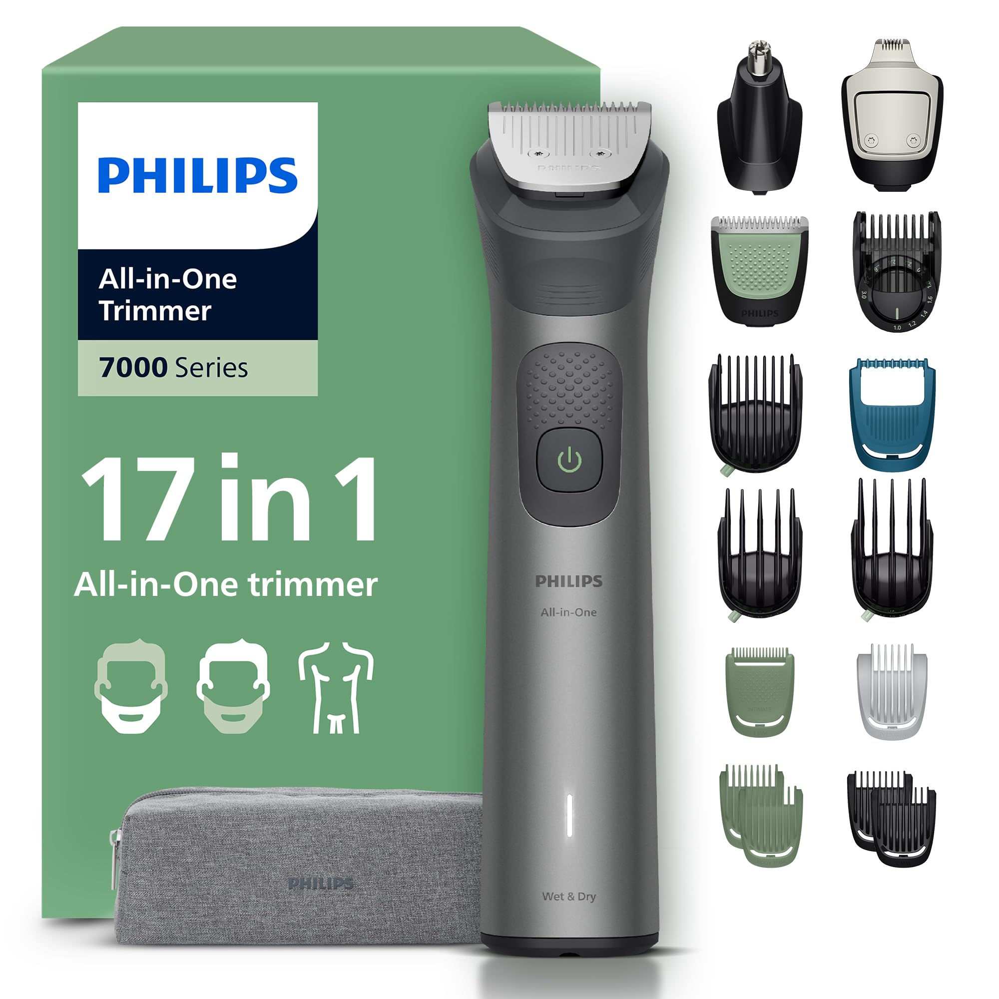 Philips Multigroom série 7000 Tondeuse tout-en-un 17 accessoires – tondeuse pour barbe, cheveux et corps, lames en métal auto-affûtées, 26 hauteurs de coupe (0,5-20 mm), modèle MG7961/15