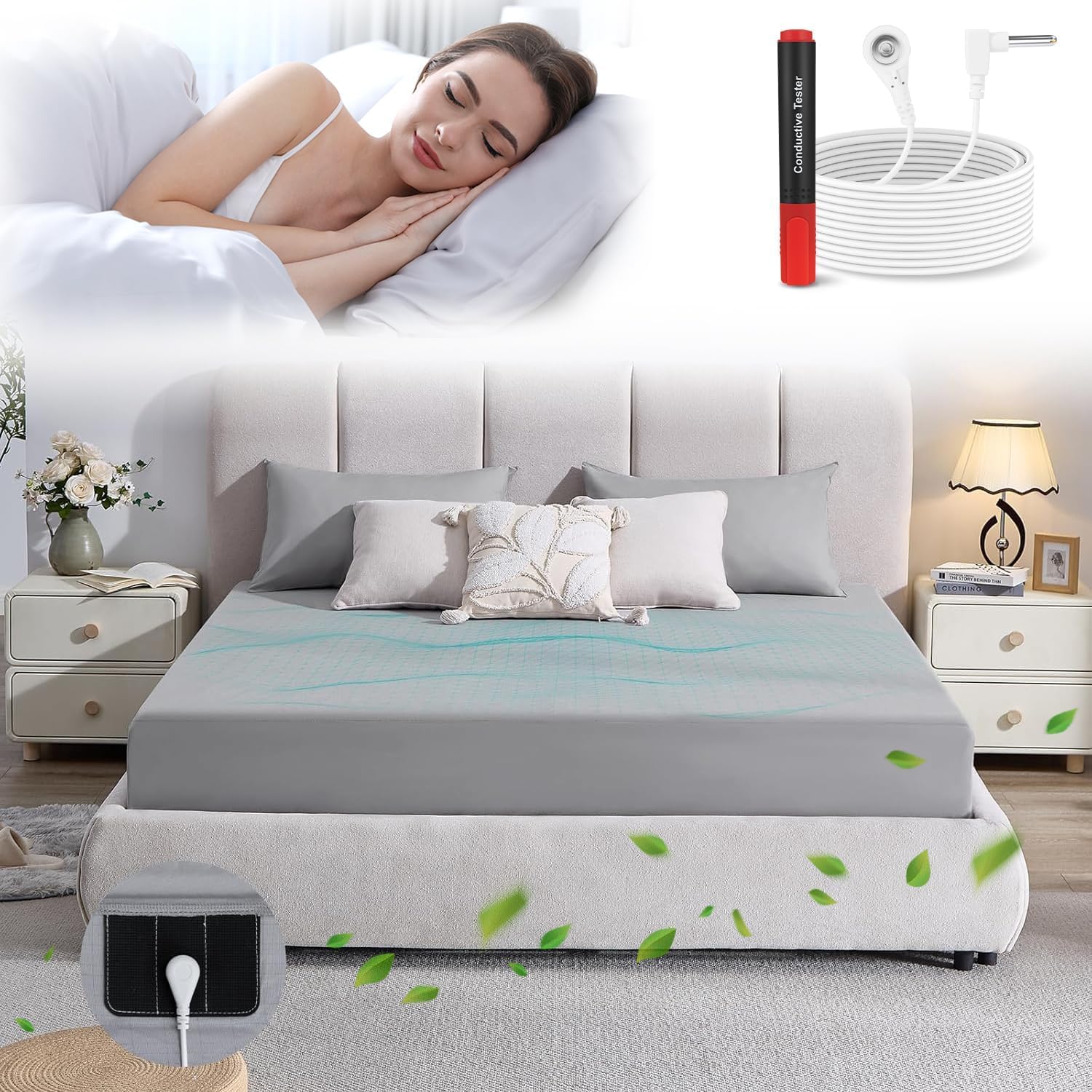 Photo 1 of 12% Silver Fiber Earth Grounding Fitted Sheet, 400-Thread Sheet with Grounding Connection Cord, Promotes Relaxation & Faster Recovery, Anti-Static, Machine Washable (Queen 60"x 80"x 15", Gray)