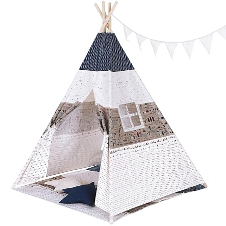 SONGMICS Indianerzelt, Tipi für Kinder, tragbares Spielzelt, mit Fenster, Fußbezüge, Wurfkissen, Dekofahnen, Tragetasche, Ver