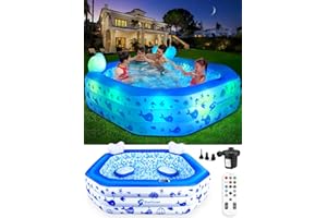 STAROCEAN Inflatable Pool with Lights,2024 Solar Inflatable Swimming Pool for Kids,Adults,Blowup Pool with Remote Control,Pump,Large Kiddie Pool w/Seat&Backrest,Kids Pool for Backyard-86"x86"x26"Blue