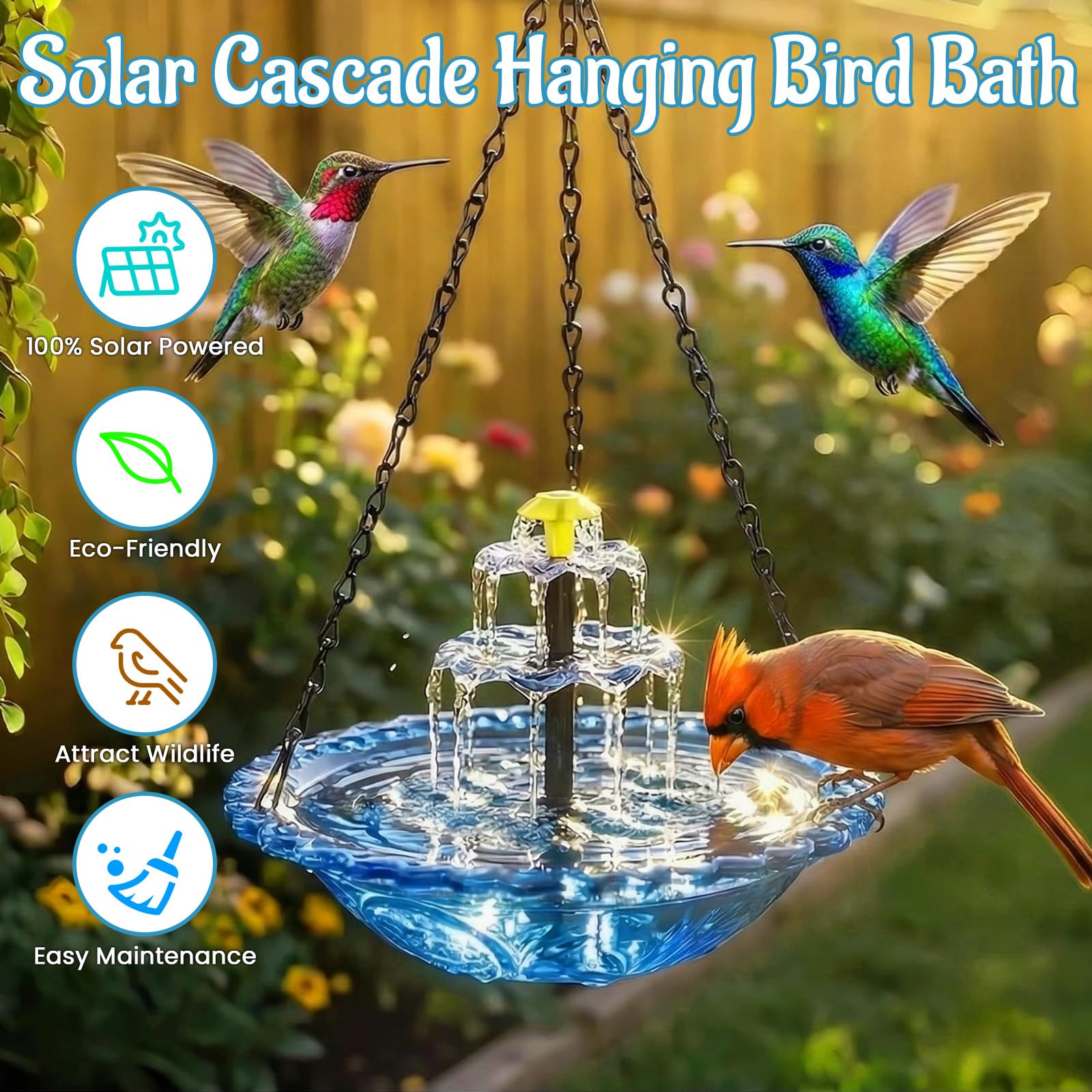 Condition photo showing New/Like New for solar cascade hanging bird bath fountain, 3-tier hanging solar bird bath with detachable solar panel