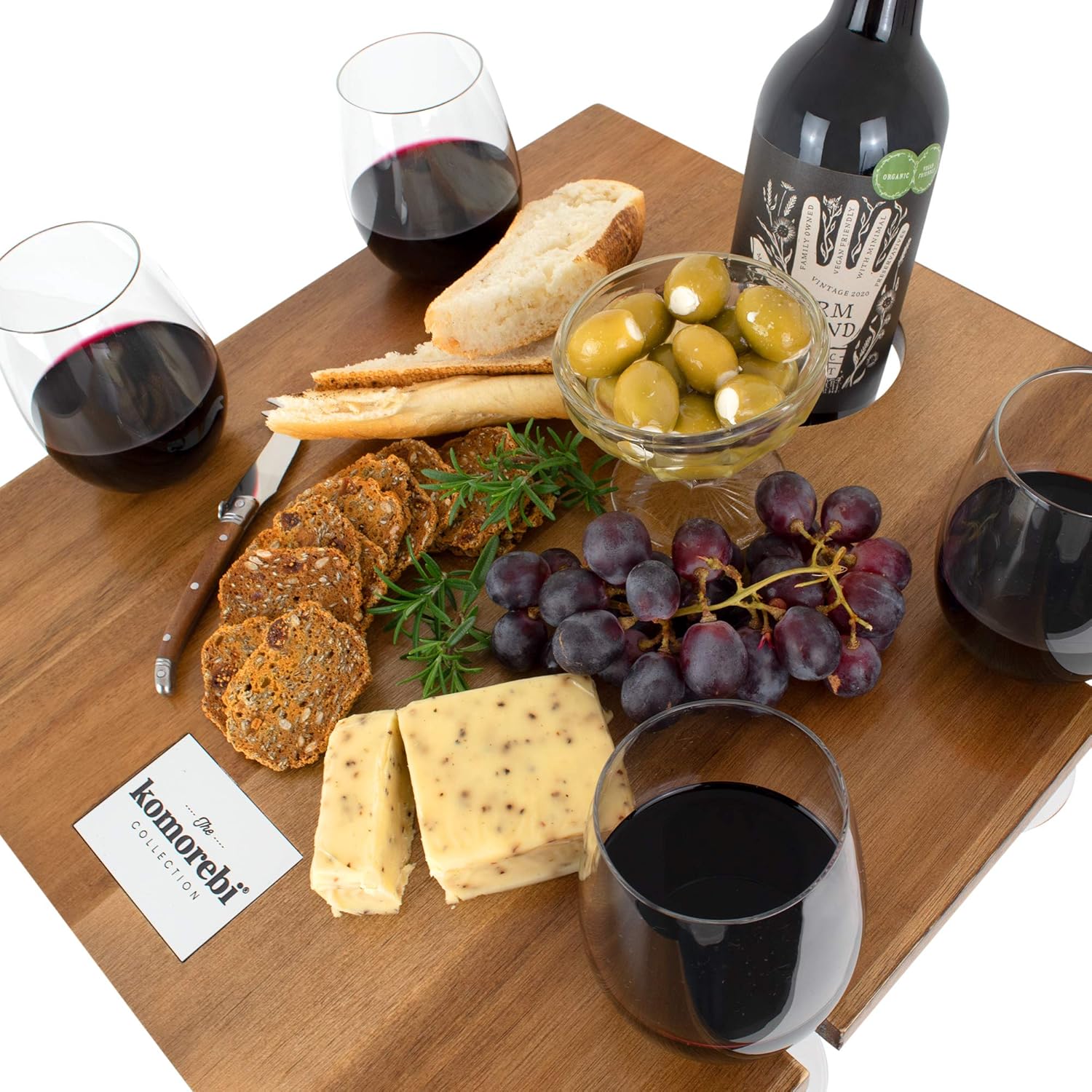Komorebi Portable Folding Wine and Champagne Picnic Table - Lightweight Custom Acacia Wood Table - Foldable Legs, Food-Safe Top, Bottle & Glass Holders - Perfect for Camping, Beach, Outdoor Dinner: Kitchen & Dining