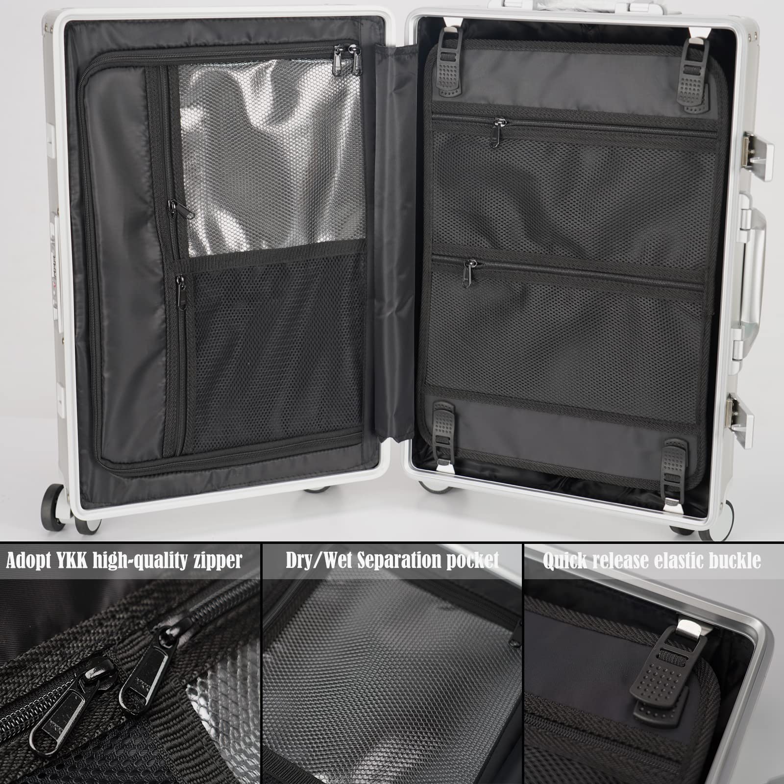 Aluminum Carry-on Luggage: Silver 20 inch Aluminum-Made Entire Shell Zipperless USB-C Port TSA Locks Spinner - Weekend Getaways International travel Business