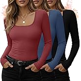 Huukeay 3 Pack Women's Thermal Long Sleeve Shirts Fleece Lined Square Neck Fitted Warm Winter Tops Base Layer Underwear