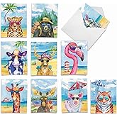 The Best Card Company Assorted Funny Wildlife Watercolor Blank Greeting Card Box Set - Incl. 10 Unique Notecards Designs + Envelopes for Thank You, Invitations - Animal's Day Off AM6670OCB-B1x10