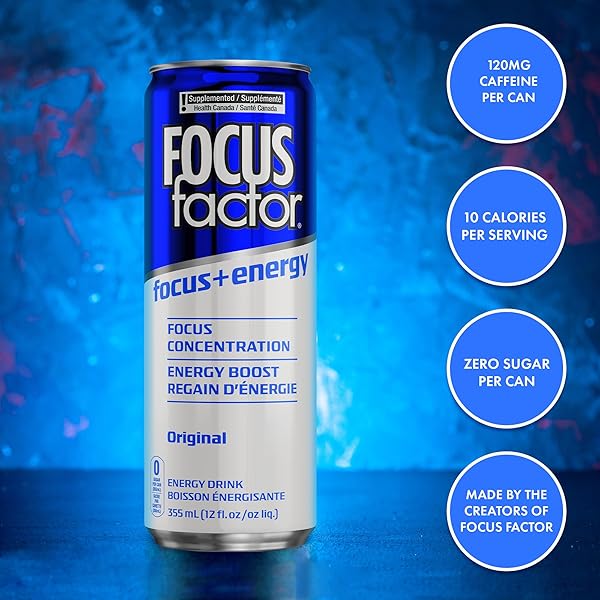 FOCUS FACTOR ENERGY DRINK – 12 X 355ML CANS (ORIGINAL FLAVOUR) – WITH FOCUS + ENERGY – LIGHTLY CARBONATED, SUGAR FREE, LOW CALORIE WITH VITAMIN B6 & VITAMIN B12