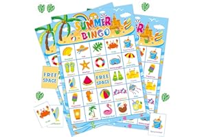 GIANTRUMP 24 Players Summer Bingo Game Cards for Kids Summer Beach Party Games Summer Classroom Game Pool Birthday Party Activity