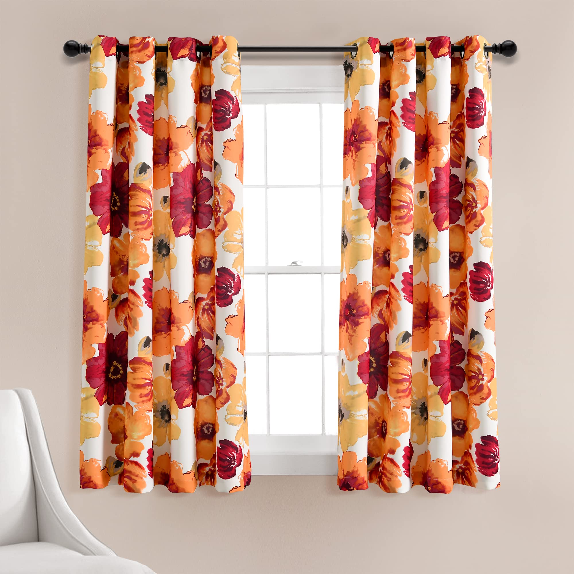 Lush Decor Leah Light Filtering Window Curtain Panels, Pair, 52" W x 63" L, Red & Orange - Floral Drapes for Bedroom - Orange Curtains - Farmhouse Decor Image