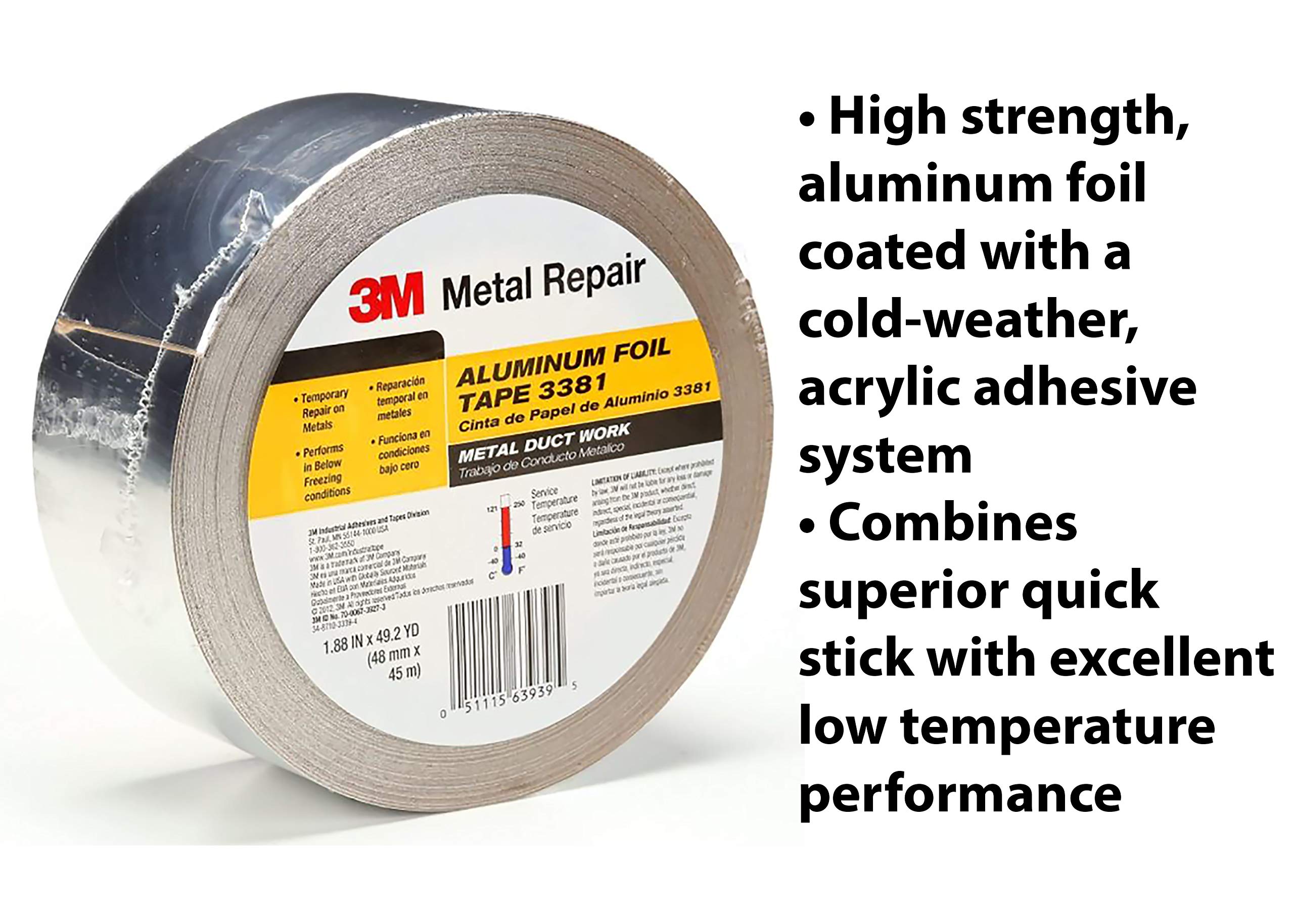 3M Aluminum Foil Tape 3381, 1.88 in x 50 yd, 2.7 mil, Silver, HVAC