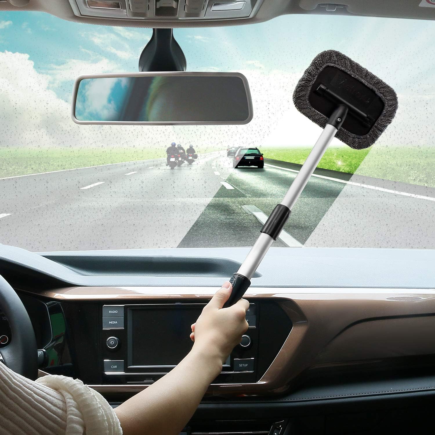 AstroAI Car Window Cleaner, 8 Reusable and Washable Microfiber Pads, Windshield Cleaning Tool with Telescopic and Extendable Handle Auto Inside Glass Wiper Kit, Gray, 2 Pack: Automotive