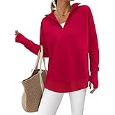 PRETTYGARDEN Womens Long Sleeve Quarter Zip Pullover Sweater Casual Loose V Neck Collared Ribbed Knit Jumper Tops Thumb Hole