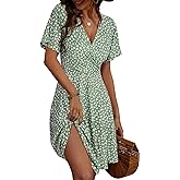 FENSACE Womens Sundress Summer Floral Short Sleeve Wrap V Neck A-Line Midi Dress