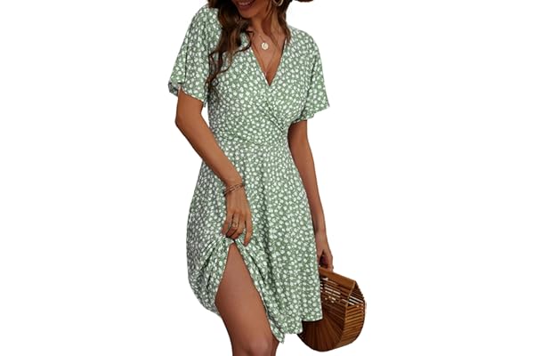 FENSACE Womens Sundress Summer Floral Short Sleeve Wrap V Neck A-Line Midi Dress