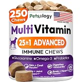 25-in-1 Dog Vitamins and Supplements - 250 Chews Dog Multivitamin Chewable | Glucosamine, Probiotics, Omega 3 for Dogs Skin &amp; Coat, Hip &amp; Joint, Gut, Brain &amp; Immune Support, Senior &amp; Puppy Multivitamin