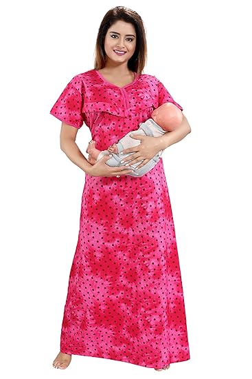 Women's Feeding/Maternity Cotton Nighty (LTC0062, Pink, Size:Free Length:54