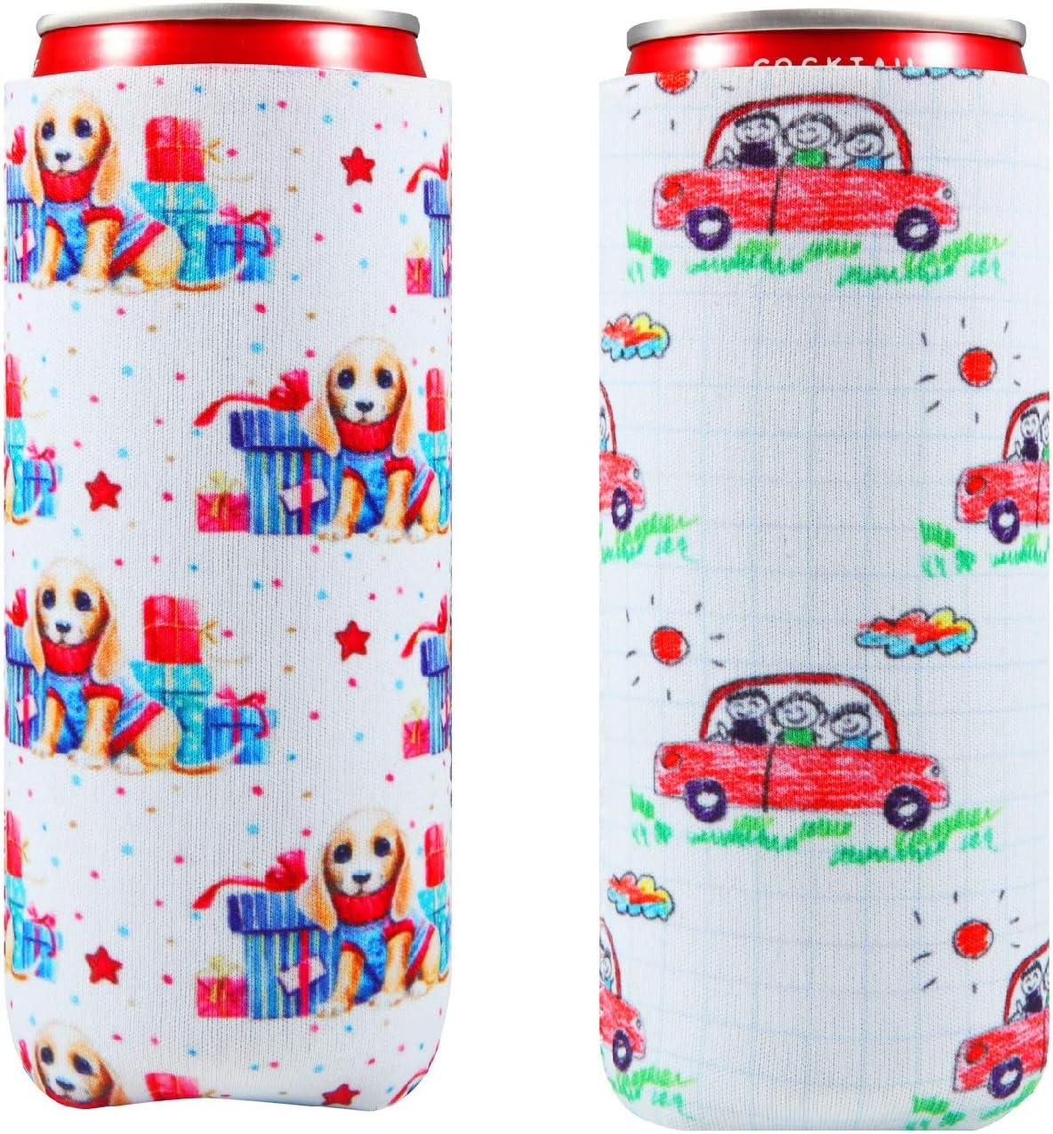 Creatyi 2 PCS Colourful Neoprene Beer Cooler Beer Coolies Beer Holders Perfect for 12oz Slim Drink Beer Cans (Dog + Car)