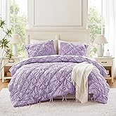 Intelligent Design Queen Comforter Set – Purple Lily Puffy Floral Shabby Chic Boho Bedding Comforter Set, Pinch Pleat Bedding Sets, Ultra-Soft, Lightweight & All-Season, Full/Queen