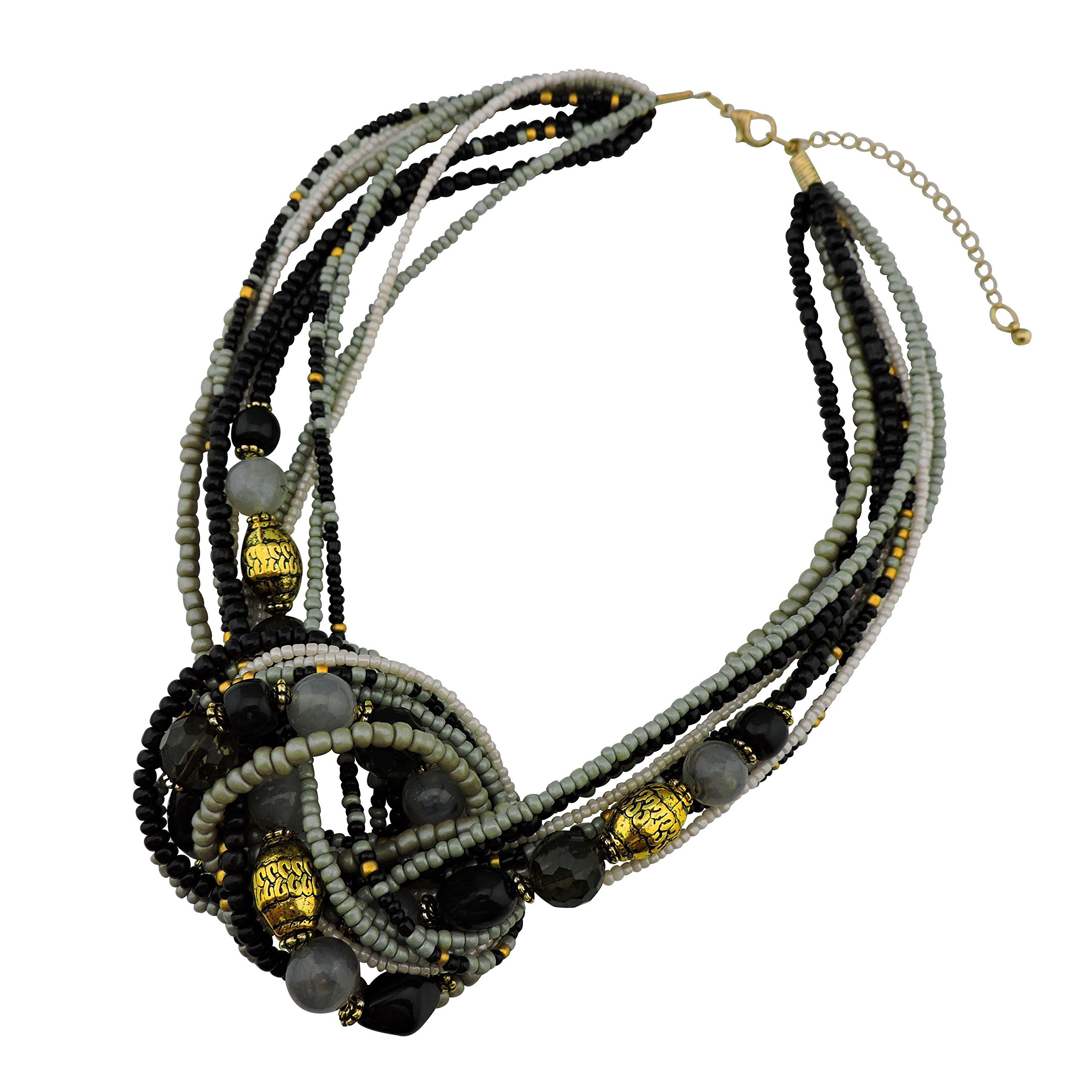 BOCAR Aquamarine Seed Beads Antique Gold Multilayer Statement Collar Necklace (NK-10345-Black)