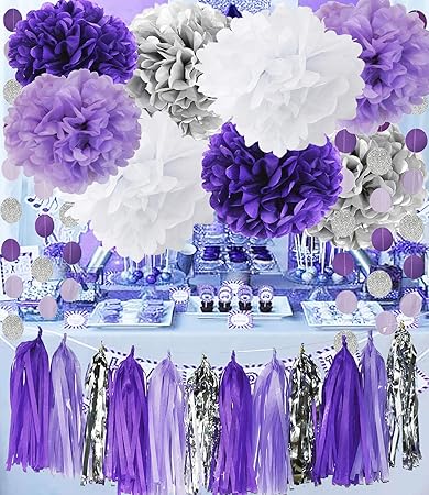 Bridal Shower Decorations Purple White Silver Tissue Pom Pom