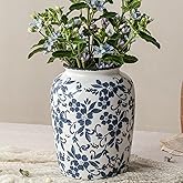 Blue and White Vintage Vase, Ceramic Chinoiserie Floral Vases, Retro Ice Cracked Round Farmhouse Rustic Large Flower Vases for Home Decor Centerpieces, Living Room, Bookshelf, Office 7.8 Inch