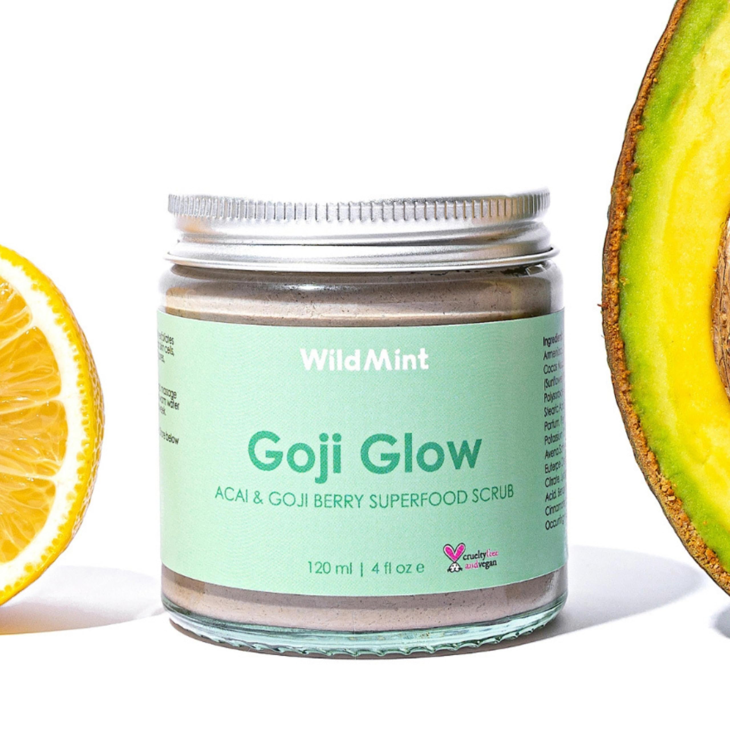 WildMint Goji Glow Natural Scrub | Detoxifying Açaí & Goji Body & Face Exfoliator for Dry Skin | Removes Dead Skin | Helps With Acne, Large Pores & Hyperpigmentation | UK Vegan & Cruelty-Free 120ml