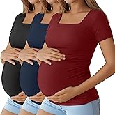 Huukeay 3 Pack Women's Maternity Shirt Ribbed Cotton Short Sleeve Maternity Top Square Neck Side Ruched Summer Pregnancy Tees