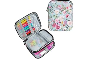 ONBAGLST Crochet Hook Case Without Hooks and Accessories, Zipper Storage Organizer Bag with Pockets for Various Crochet Needles/Knitting Accessories/Crochet Hook Kit Tools, Medium, Easy to Carry (Blue Flowers)
