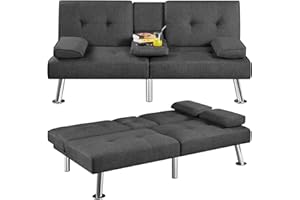 Yaheetech Convertible Sofa Bed Adjustable Fabric Couch Sleeper Modern Recliner Reversible Loveseat Folding Daybed Guest Bed, Removable Armrests, Cup Holders, 3 Angles, 772lb Capacity, Dark Gray