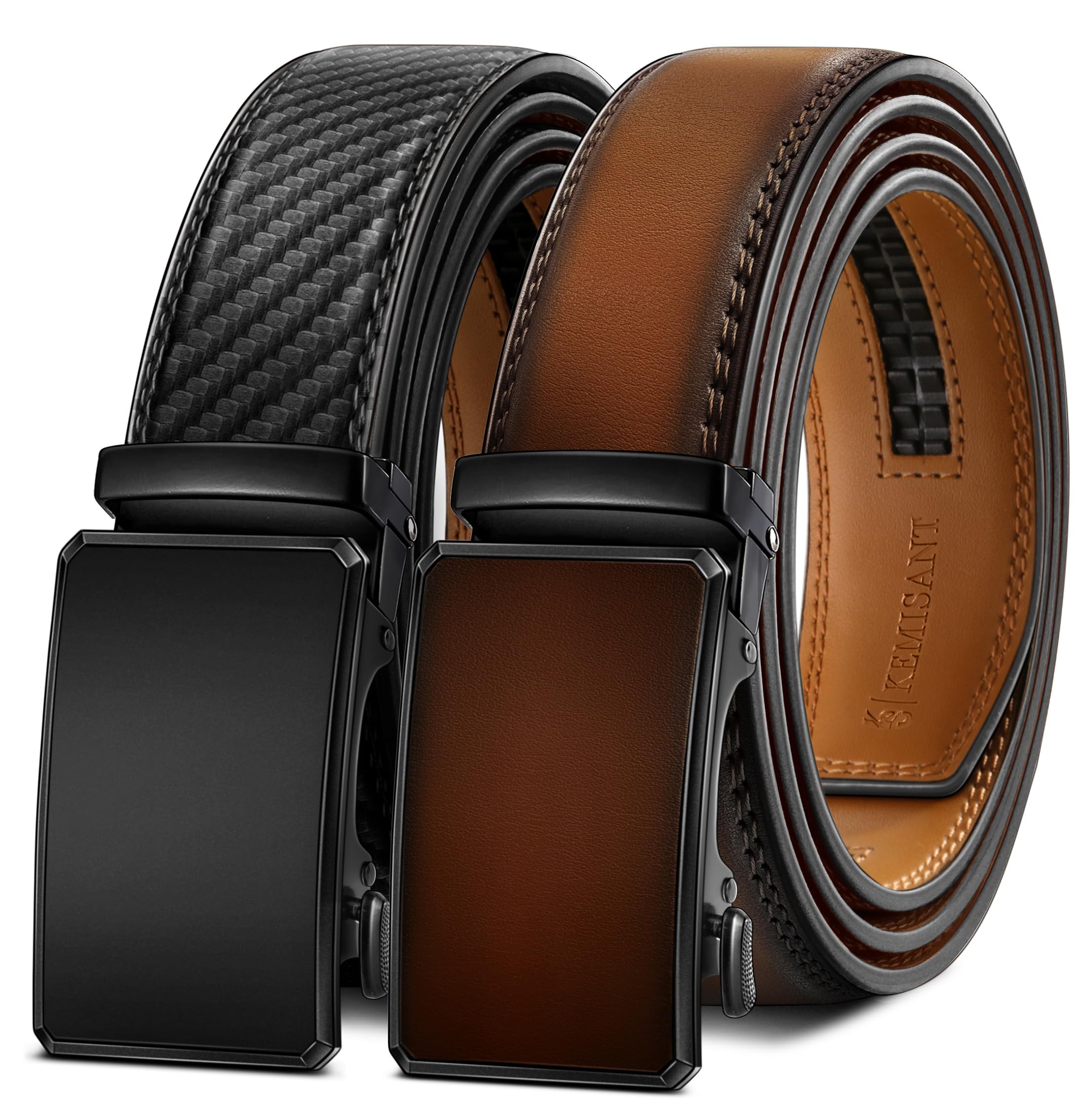 KEMISANT Men Belt 2 Pack, Leather Ratchet Belt Easy Click Slide For Men 1 3/8",Cut for Fit(Black/Light Brown,42"-48" Waist Adjustable) Image