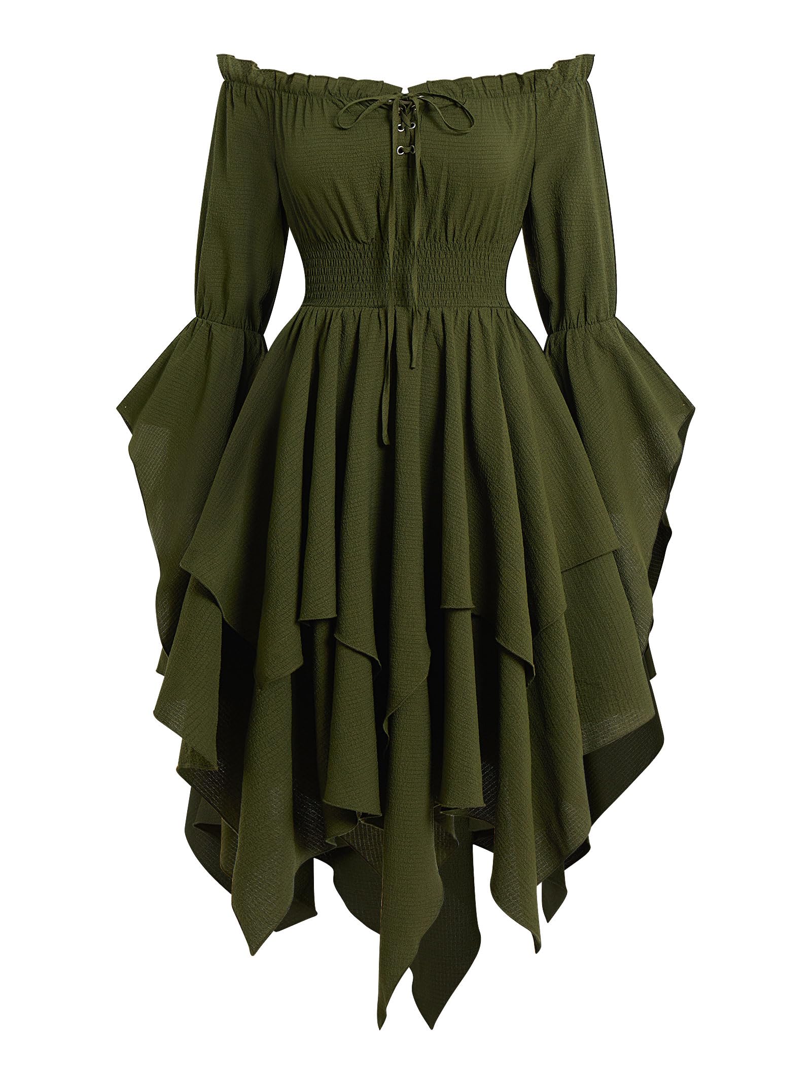 EFOGEP Womens Medieval Renaissance Dress Long Bell Sleeve Off Shoulder Asymmetry Hem Vintage Victorian Gothic Dresses for Costume Parties Festival Casual Green S — image 1