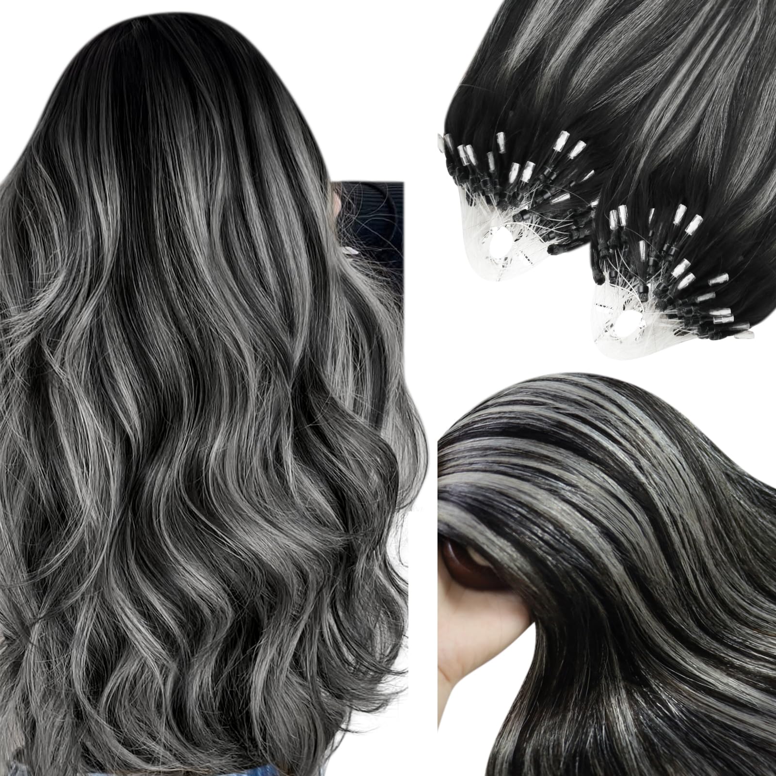 YoungSee Micro Beads Hair Extensions Black 22 inch Micro Loop Human Hair Extensions Ombre Black to Silver Human Hair Micro Ring Extension for Girls Cold Fusion 50s 50g — image 1
