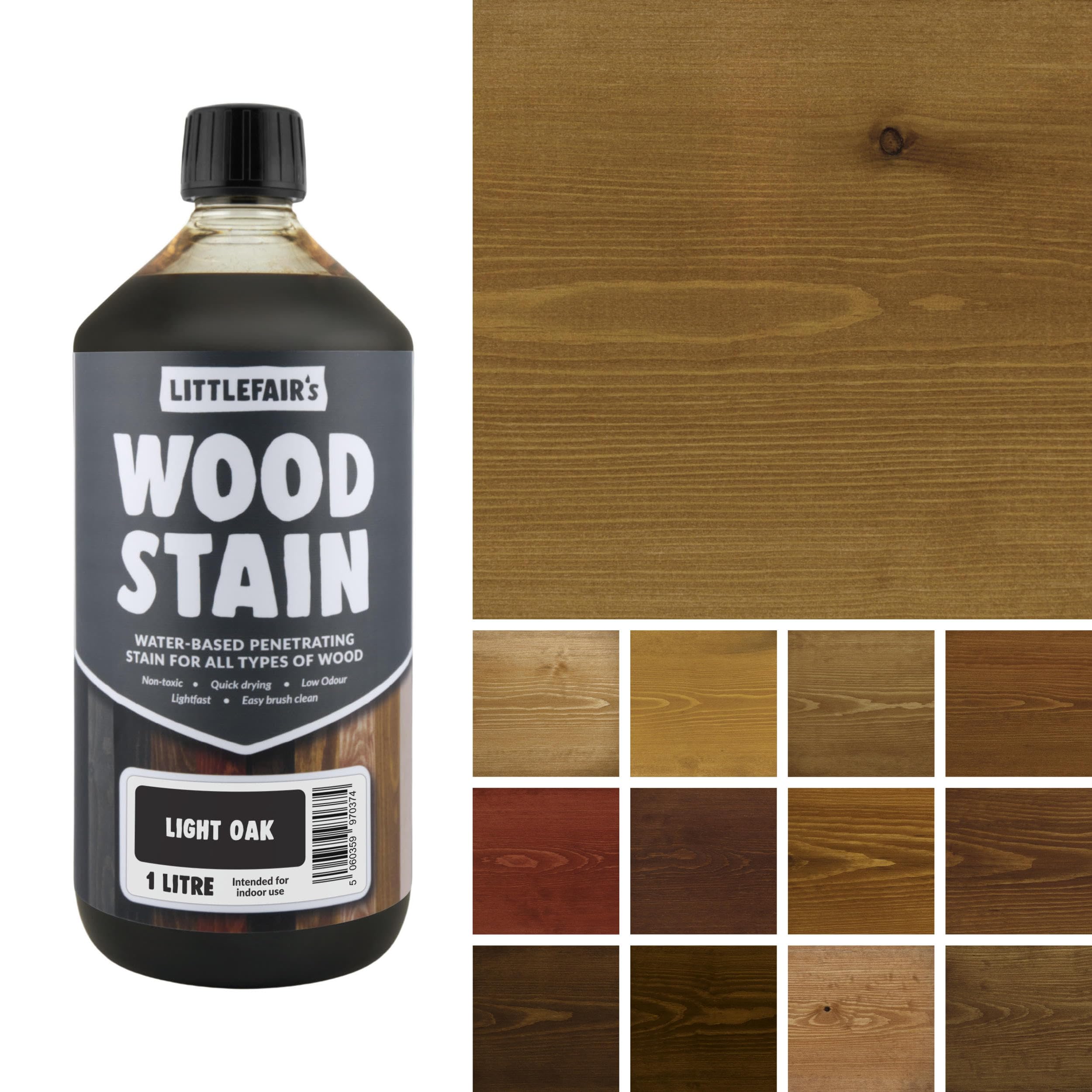 Littlefair's Wood Stain Water-Based - (Light Oak) – Non-Toxic, Eco-Friendly & Quick Drying - Easy-to-Apply, Concentrated Formula for All Wood Types – 1 LTR