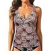 Daci Tankini Swim Tops for Women - Tummy Control Bathing Suit Swimwear Top Only V Neck No Bottom