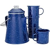 COLETTI Classic Enamel Set Coffee Percolator &amp; Mugs &mdash; The Most Nostalgic Camping Coffee Pot, Now Modernized [Blue Enamel, 12 Cup Percolator Coffee Pot &amp; Set of 4 Mugs]
