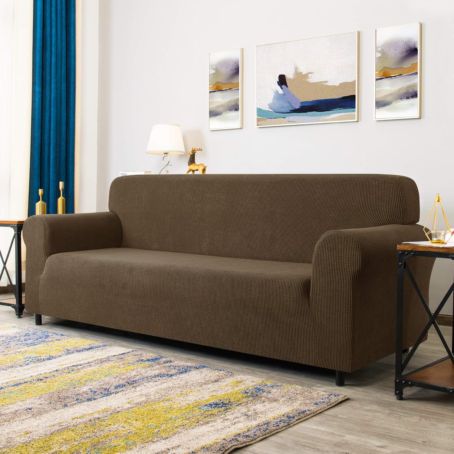 CHUN YI Stretch Sofa Slipcover 1-Piece Couch Cover Furniture Protector，3 Seater Settee Coat Soft With Elastic Bottom，Checks Spandex Jacquard Fabric, Large, Gray: Home & Kitchen
