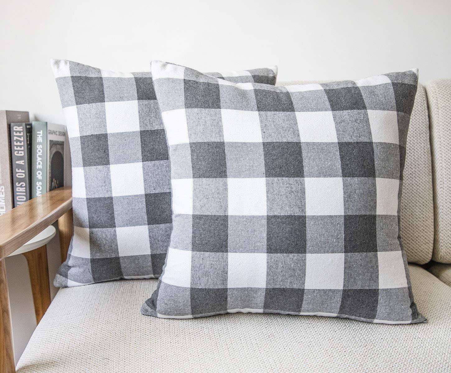4TH Emotion Set of 2 Farmhouse Buffalo Check Plaid Throw Pillow Covers Cushion Case Cotton Polyester for Sofa Grey and White, 18 x 18 Inches: Home & Kitchen