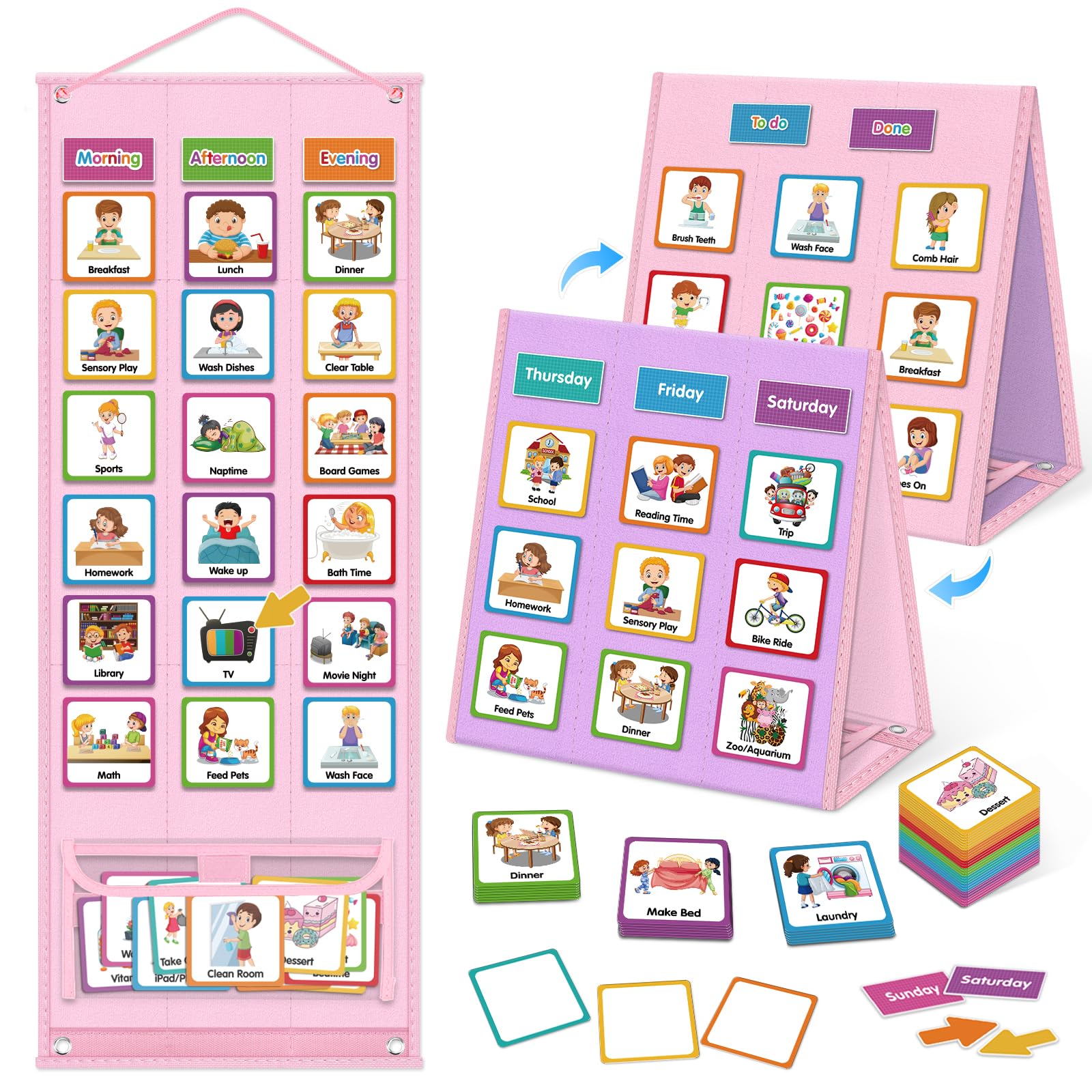 Photo 1 of Godery Large Visual Schedule for Kids Chore Reward Chart,Bedtime Routine Chart for Toddlers,Double Side Schedule Board with 109 Cards for Home School Planner,Autism Learning Materials (Pink)